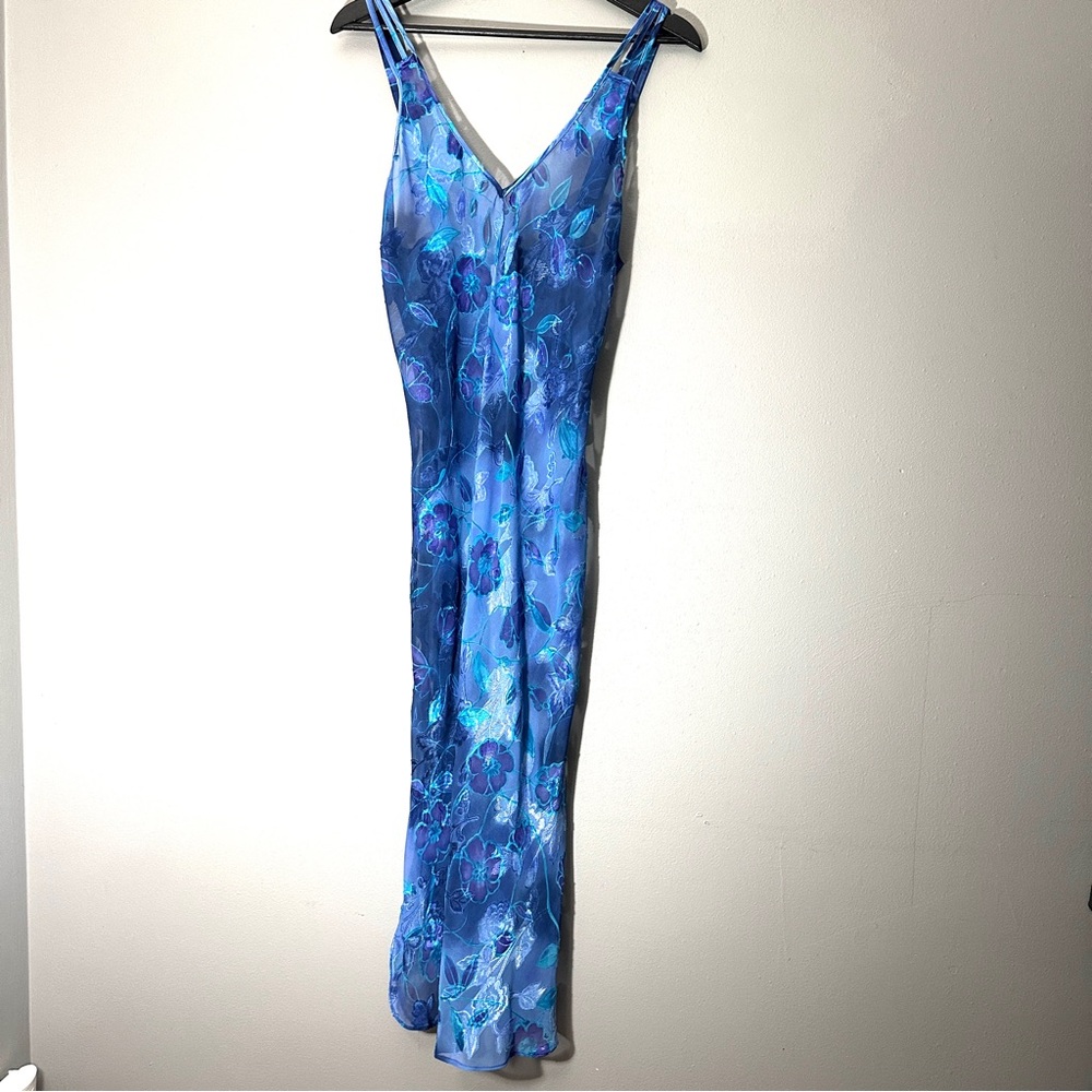 Vintage Elegant Blue Floral Nightgown Lingerie Slip Dress